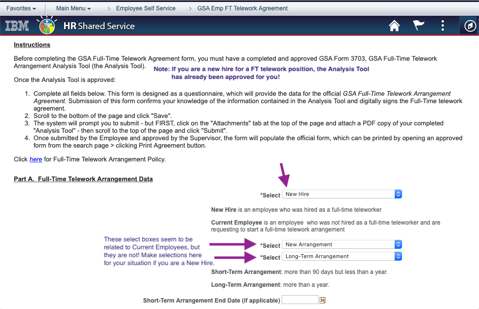 Screenshot of Part A form selections