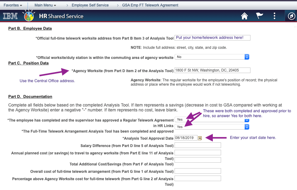 Screenshot of Parts B, C, and D of form selections
