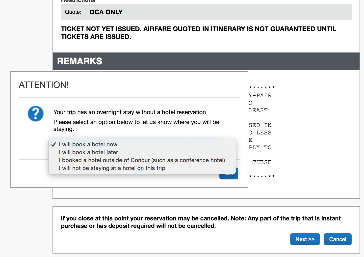 selecting hotel booking option